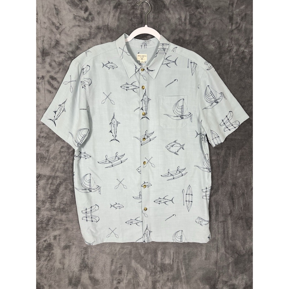Jack O'Neill Mens L Relaxed Fit Nautical Fishing Print Short Sleeve Shirt Blue